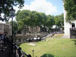 The Tower Green, with the raven cages, at the Tower of London