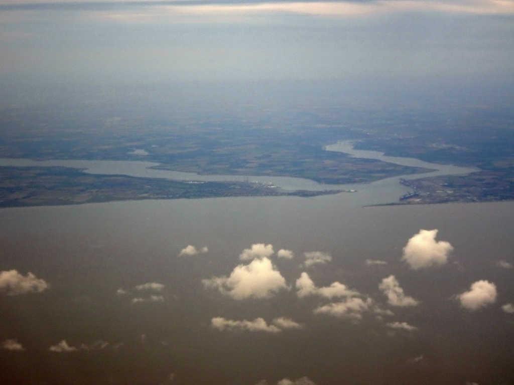 The east coast of England with the Stour and Orwell rivers and Harwich International Port, viewed from the airplane from Amsterdam