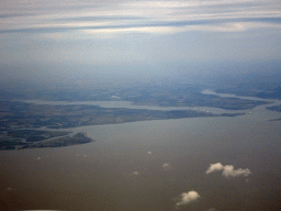 The east coast of England with the Stour and Orwell rivers, Harwich International Port and the Hamford Water National Nature Reserve, viewed from the airplane from Amsterdam