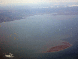 The east coast of England with the Swale channel, an island and the Kentish Flats Offshore Wind Farm, viewed from the airplane from Amsterdam