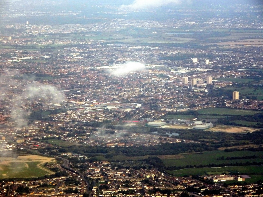 Buildings and houses on the east side of London, viewed from the airplane from Amsterdam