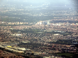 Buildings and houses on the east side of London, viewed from the airplane from Amsterdam