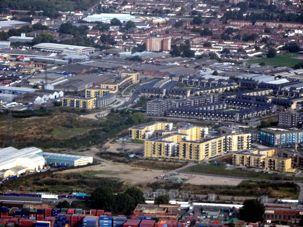 The Barking Riverside apartment complex, viewed from the airplane from Amsterdam