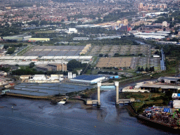 The Thames river, the Barking Creek Barrier and the Beckton Sewage Treatment Works, viewed from the airplane from Amsterdam