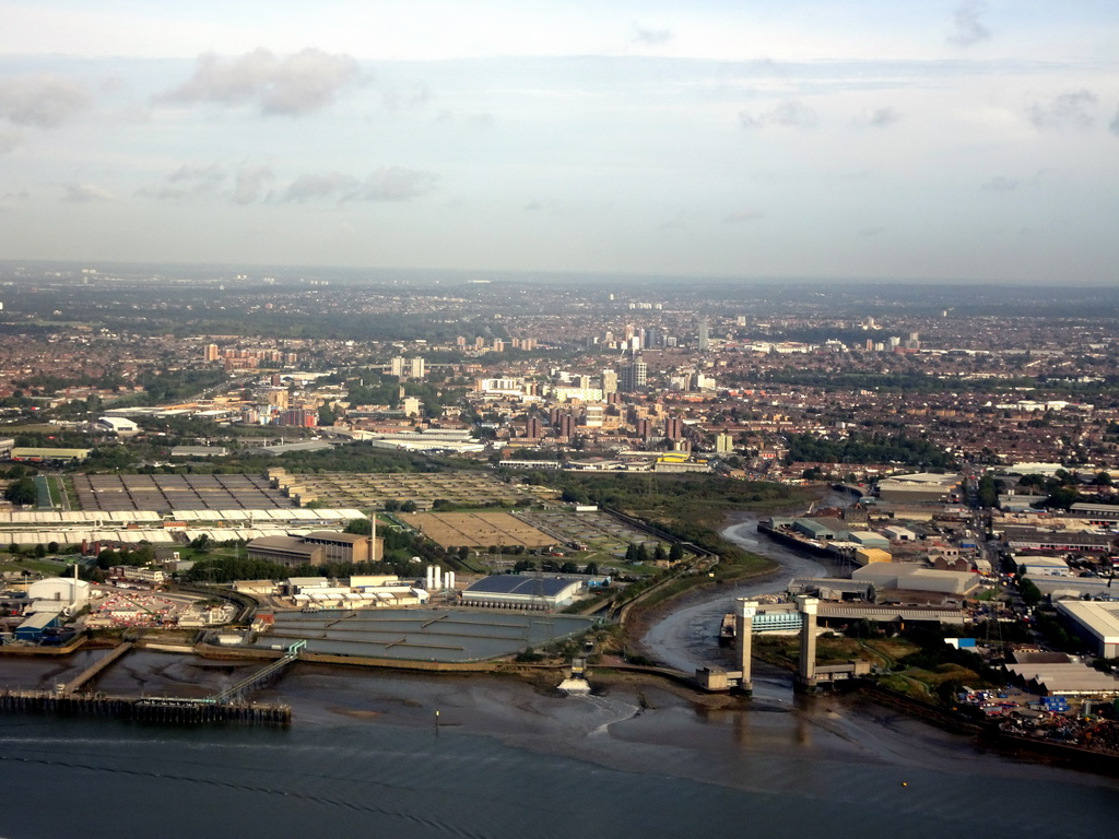 The Thames river, the Barking Creek Barrier and the Beckton Sewage Treatment Works, viewed from the airplane from Amsterdam