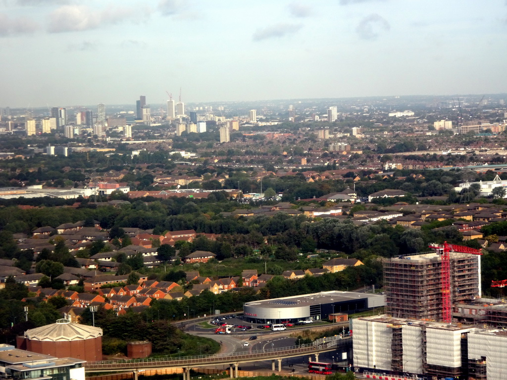 The Gallions Reach area with the Porsche Centre East London, viewed from the airplane from Amsterdam