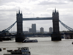 Boats in the Thames river and the Tower Bridge over the Thames river, viewed from the staircase on the northeast side of London Bridge