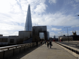 The Shard building and the tower of the Southwark Cathedral, viewed from London Bridge