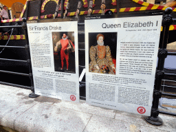 Information on Sir Francis Drake and Queen Elisabeth I in front of the Golden Hinde galleon at the St. Mary Overie Dock at Cathedral Street