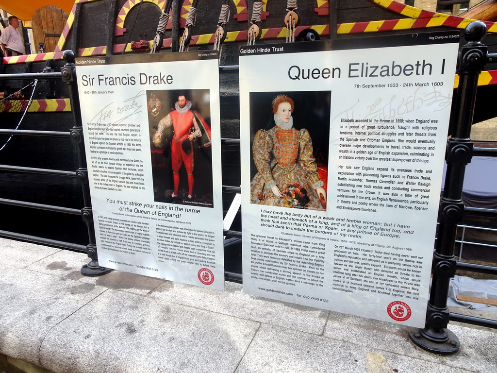 Information on Sir Francis Drake and Queen Elisabeth I in front of the Golden Hinde galleon at the St. Mary Overie Dock at Cathedral Street