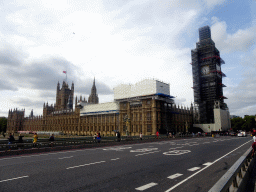 The Westminster Bridge and the Palace of Westminster with the Big Ben, under renovation