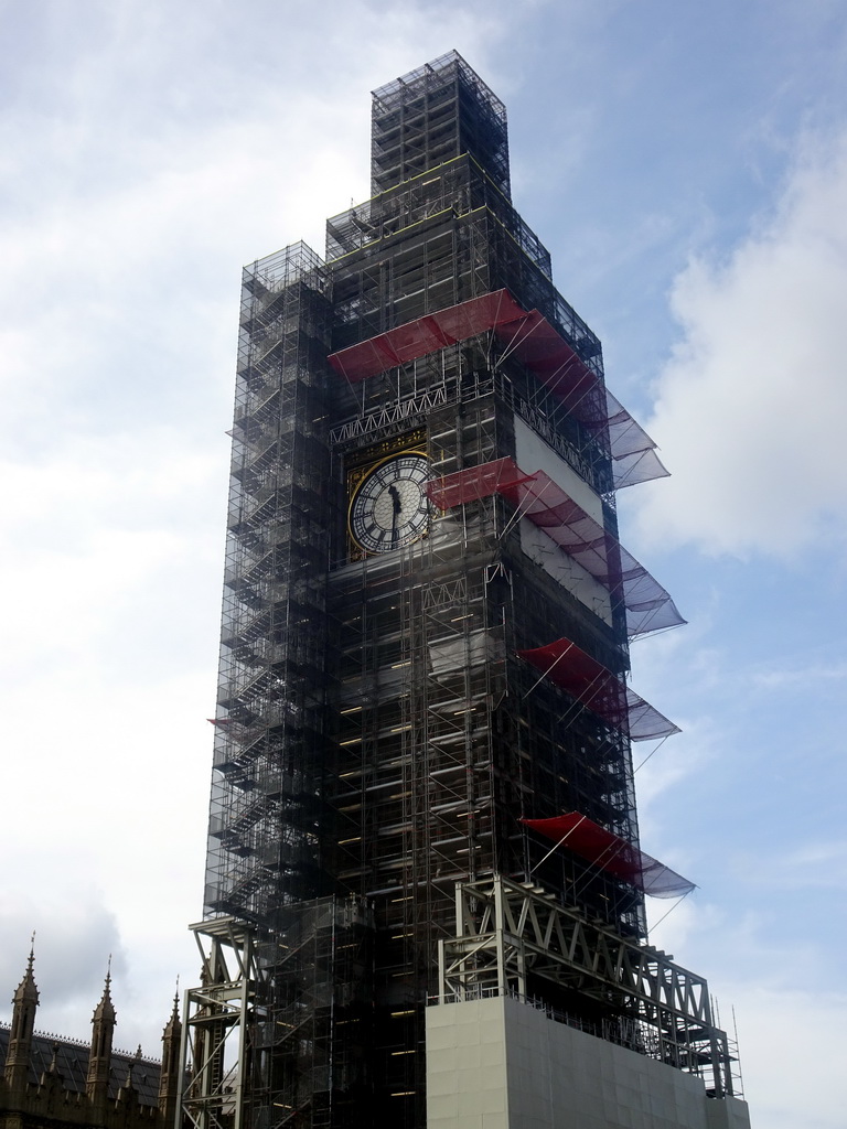 The Big Ben, under renovation, at the Palace of Westminster, viewed from the Westminster Bridge