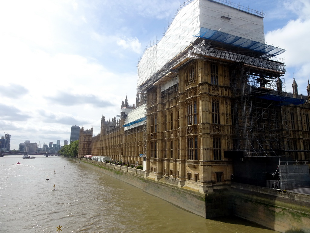 The Lambeth Bridge over the Thames river and the Palace of Westminster, viewed from the Westminster Bridge