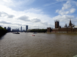Boats in the Thames river, the Lambeth Bridge and the Palace of Westminster, viewed from the Westminster Bridge