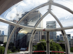 Interior of capsule 17 of the London Eye, with a view on the skyscrapers at Southbank Place