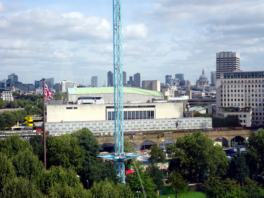 StarFlyer attraction at the London Wonderground funfair, the Royal Festival Hall and the towers and dome of St. Paul`s Cathedral, viewed from capsule 17 of the London Eye