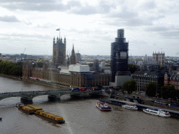 Boats in the Thames river, the Westminster Bridge, the Palace of Westminster with the Big Ben and Westminster Abbey, viewed from capsule 17 of the London Eye