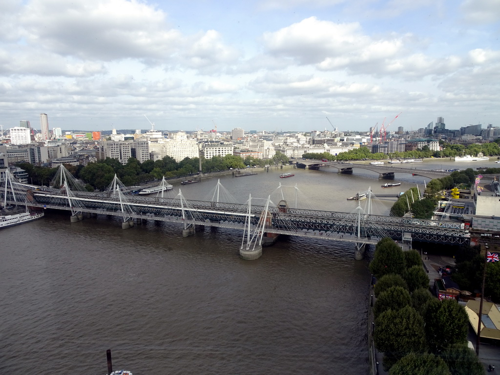 Boats in the Thames river, the Hungerford Bridge, the Golden Jubilee Bridges and the Waterloo Bridge, viewed from capsule 17 of the London Eye