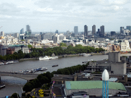 Boats in the Thames river, the Waterloo Bridge and the National Theatre, viewed from capsule 17 of the London Eye