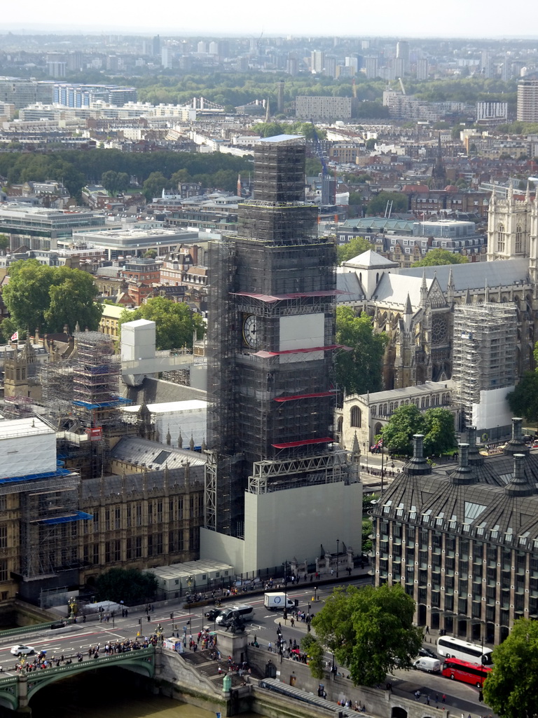 The Big Ben of the Palace of Westminster, St. Margaret`s Church and Westminster Abbey, viewed from capsule 17 of the London Eye