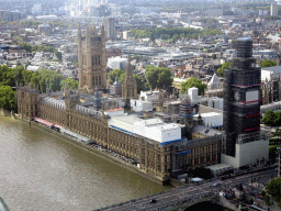 The Westminster Bridge over the Thames river and the Palace of Westminster with the Big Ben, viewed from capsule 17 of the London Eye