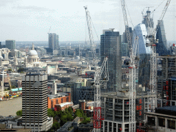 St. Paul`s Cathedral, the South Bank Tower, the One Blackfriars Road building and other skyscrapers in the city center, viewed from capsule 17 of the London Eye