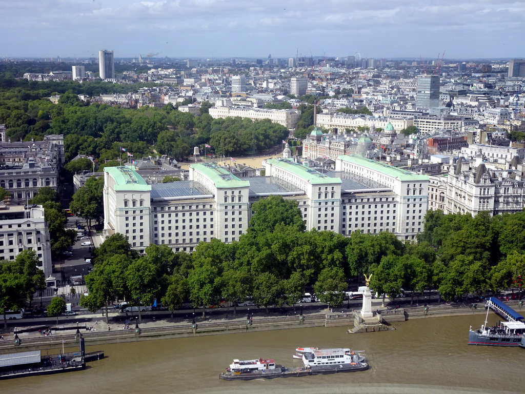 Boats in the Thames river, the Royal Air Force Memorial, the Whitehall Gardens, the Ministry of Defence and St. James`s Park