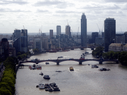 Boats in the Thames river, the Lambeth Bridge, the Vauxhall Bridge and the St. George Wharf Tower, viewed from capsule 17 of the London Eye