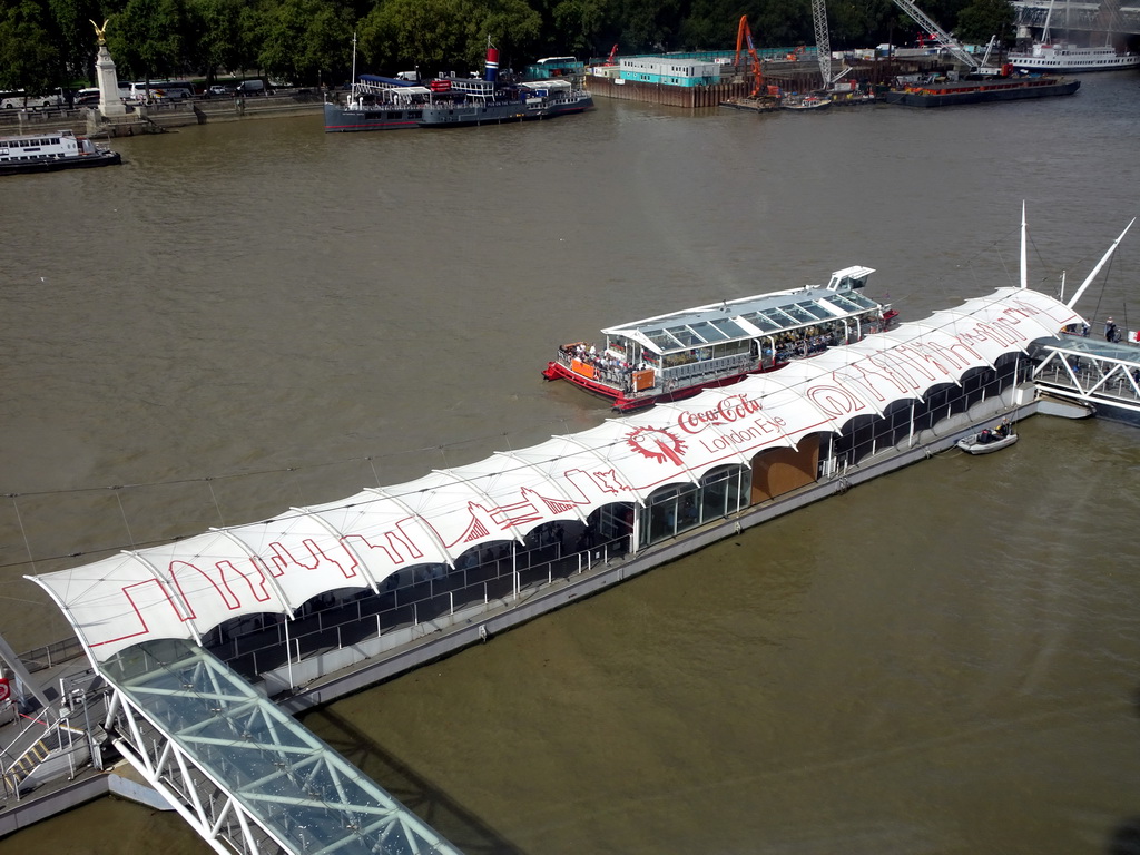 Boats and the London Eye Pier in the Thames river, viewed from capsule 17 of the London Eye