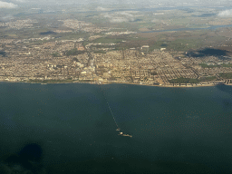 The Thames river and the town of Southend-on-Sea with the Southend Pier, viewed from the airplane from Amsterdam