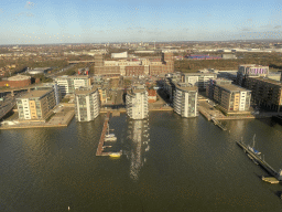 The Thames river and buildings at the Basin Approach street, viewed from the airplane from Amsterdam