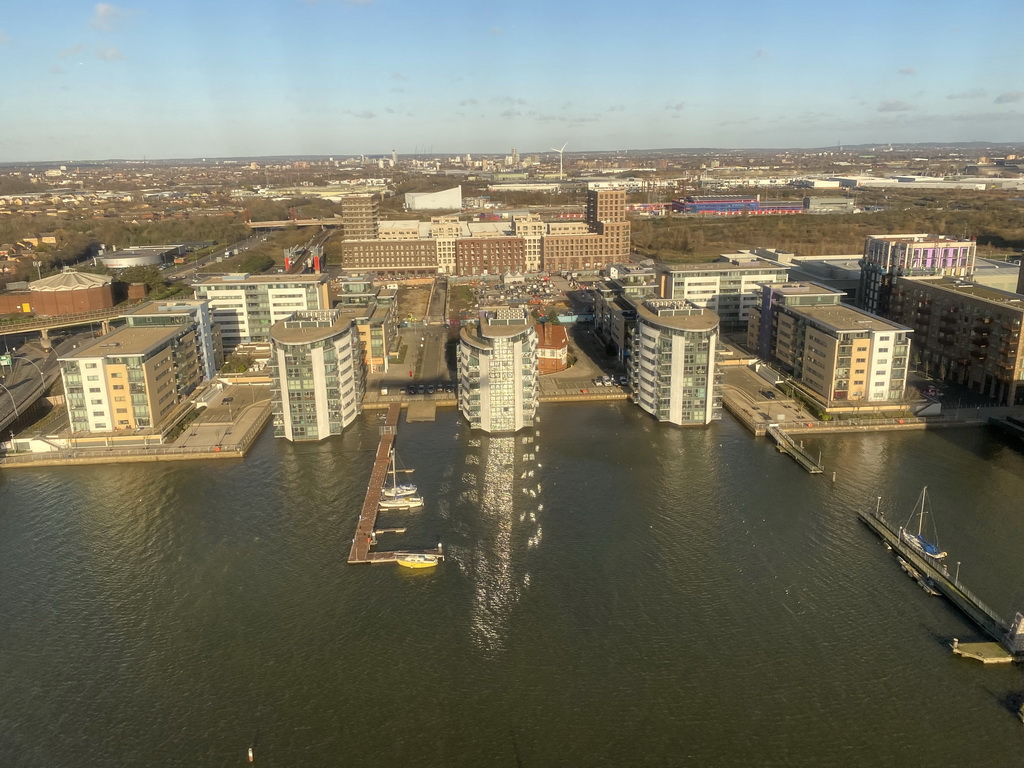 The Thames river and buildings at the Basin Approach street, viewed from the airplane from Amsterdam