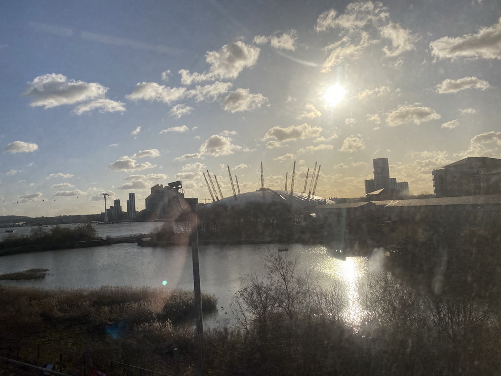 The Thames river and the O2 Arena, viewed from the train from the London City Airport to the city center