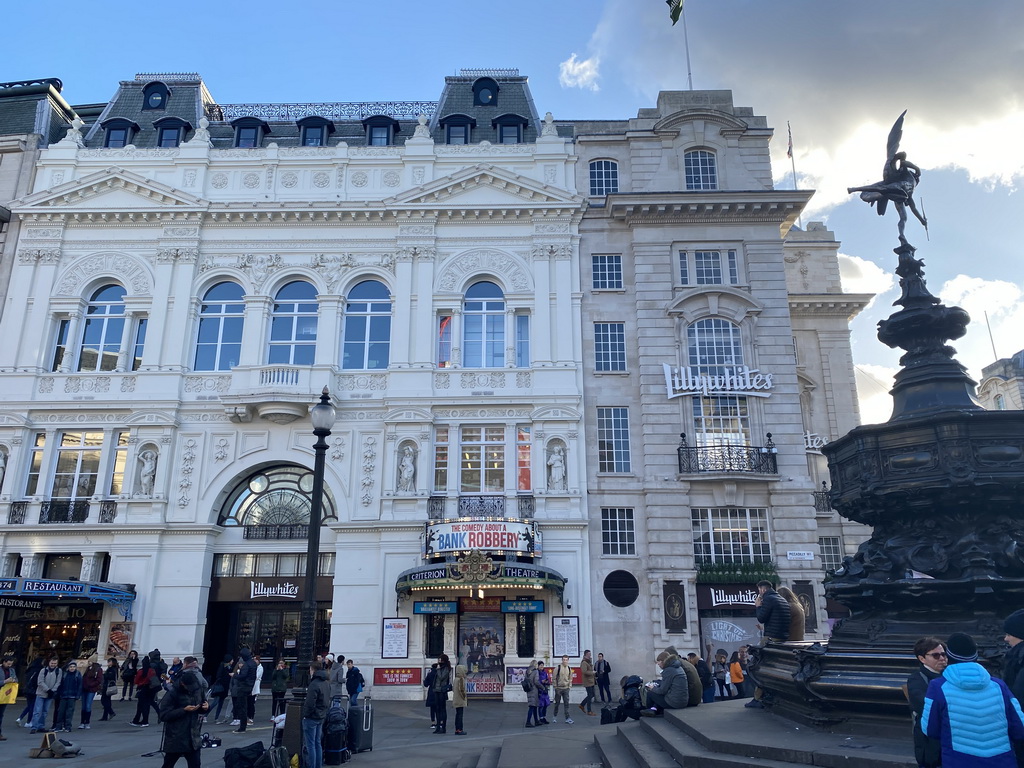 Buildings at the southeast side of the Piccadilly Circus square with the Shaftesbury Memorial Fountain