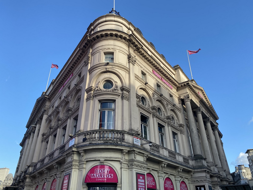 Facade of the Body Worlds London building at the northeast side of the Piccadilly Circus square