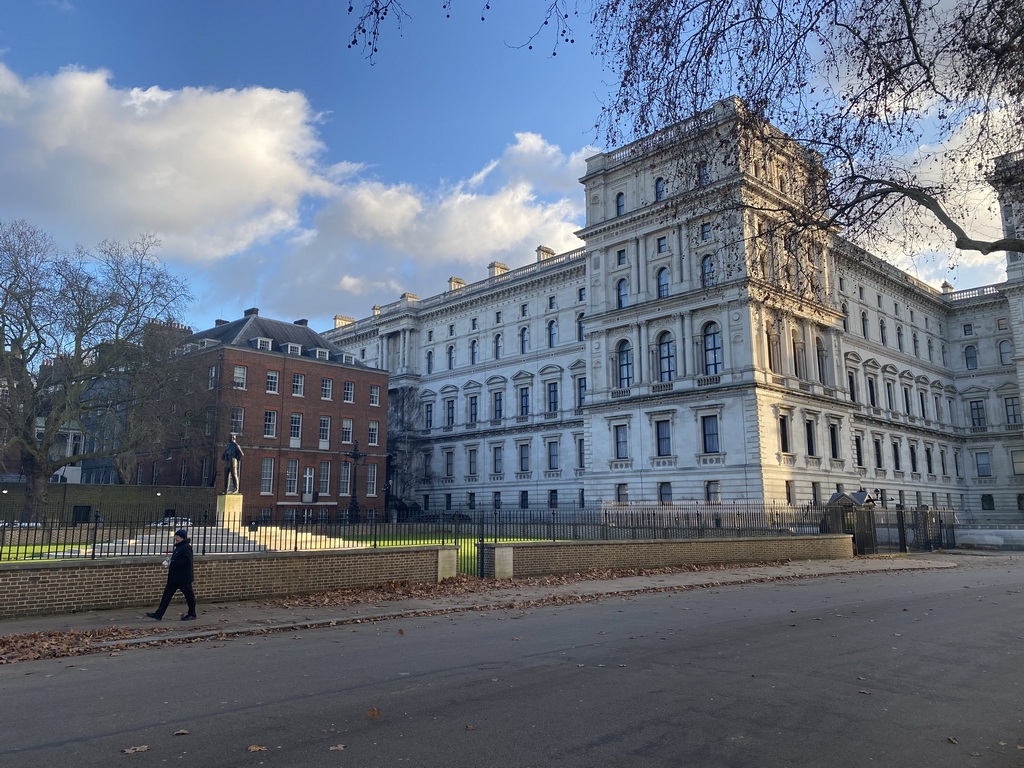 West entrance to Downing street with the Statue of the Earl Mountbatten at the Horse Guards Road