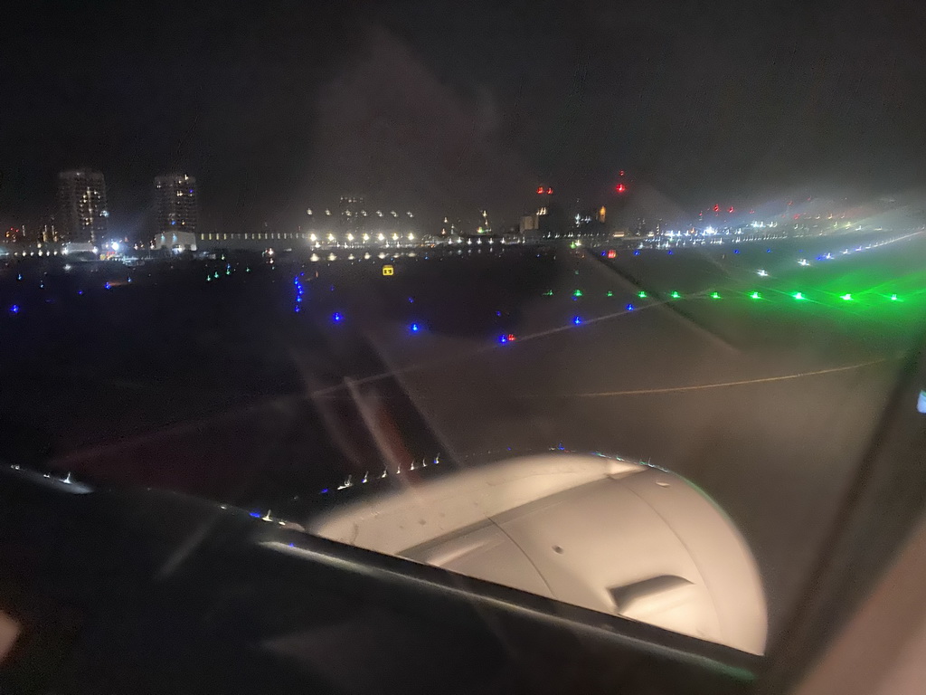 Buildings around London City Airport, viewed from the airplane to Amsterdam, by night