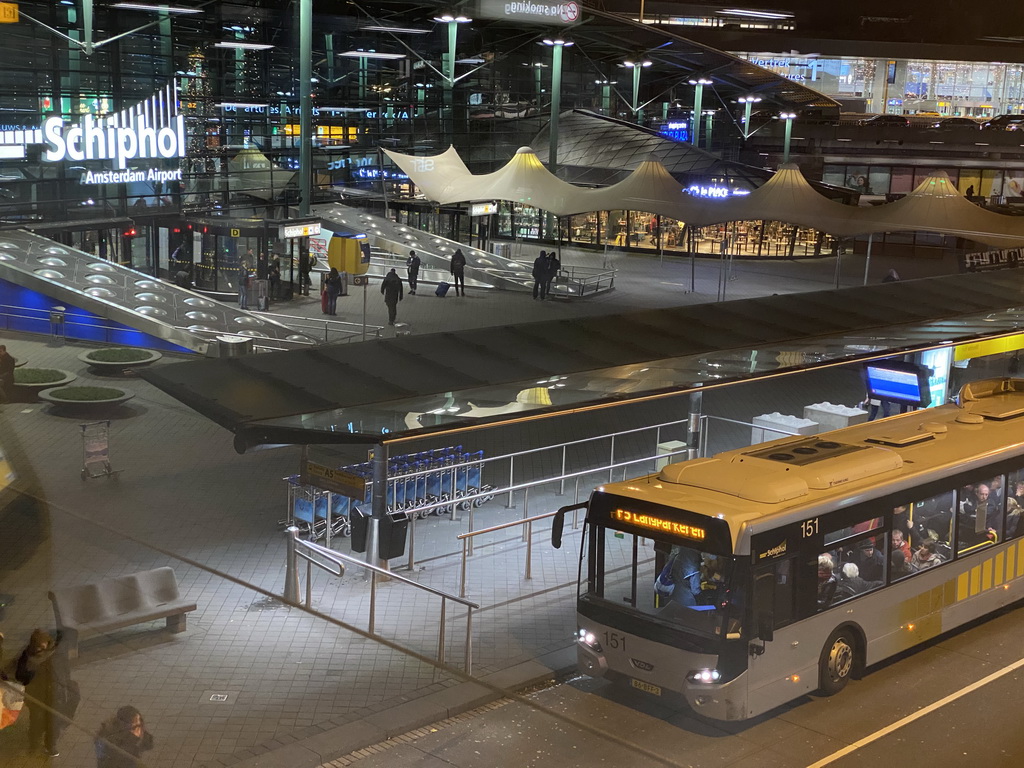 Front of Schiphol Airport, viewed from the walkway from the P1 parking garage, by night