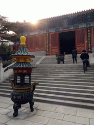 Front of the Yuantong Hall at the Nanshan Temple, with incense burners