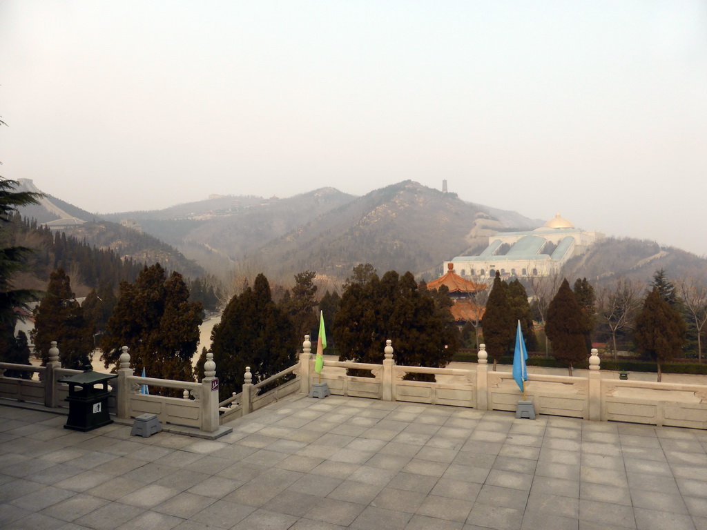 The Temple with the Jade Buddha, a pavilion, a pagoda and the large wall at the Nanshan Mountain Tourist Area, viewed from the Tang Dynasty Temple