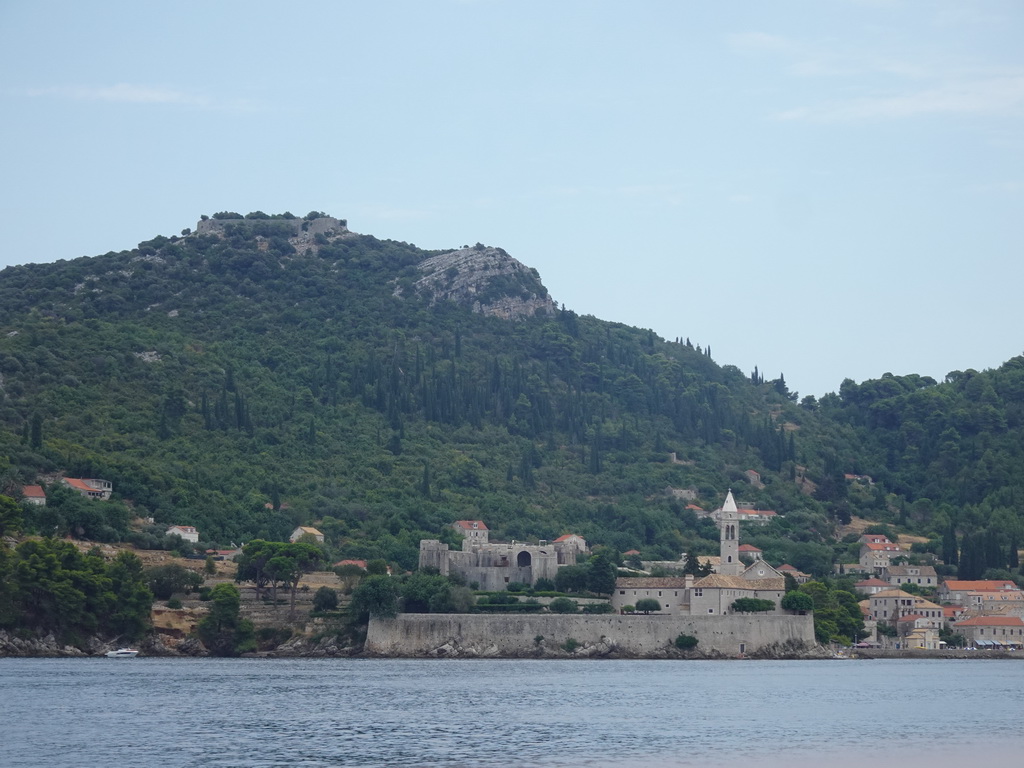 Lopud island with the Church of Sveta Marija od pilice, viewed from the Elaphiti Islands tour boat