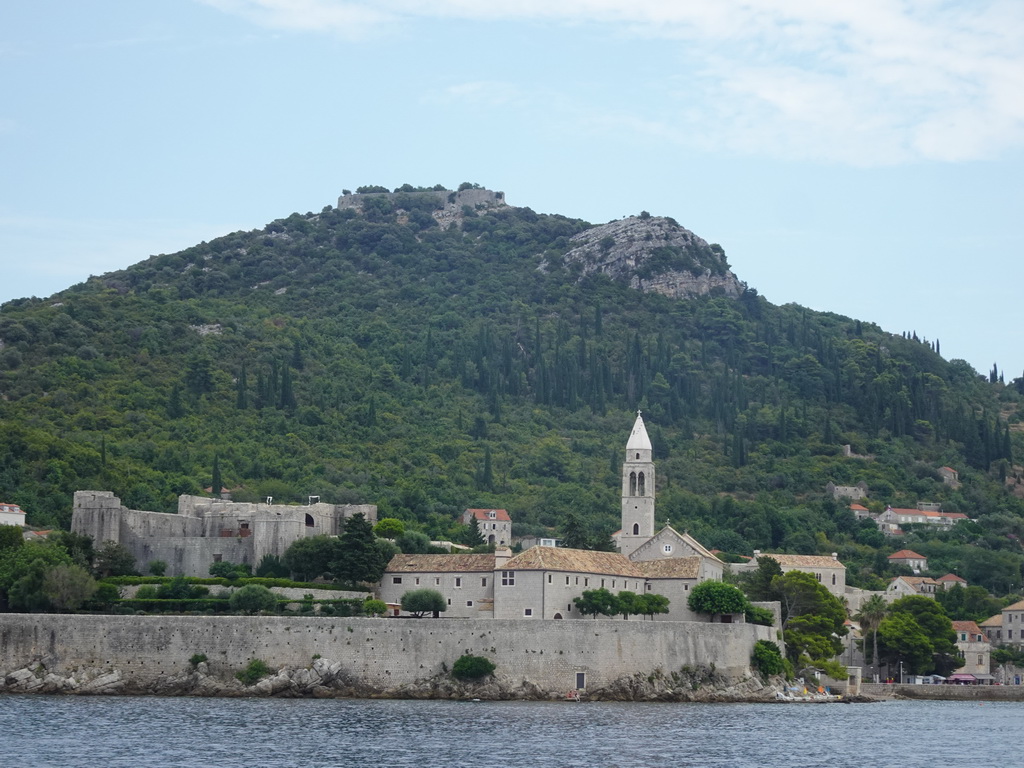 Lopud island with the Church of Sveta Marija od pilice, viewed from the Elaphiti Islands tour boat