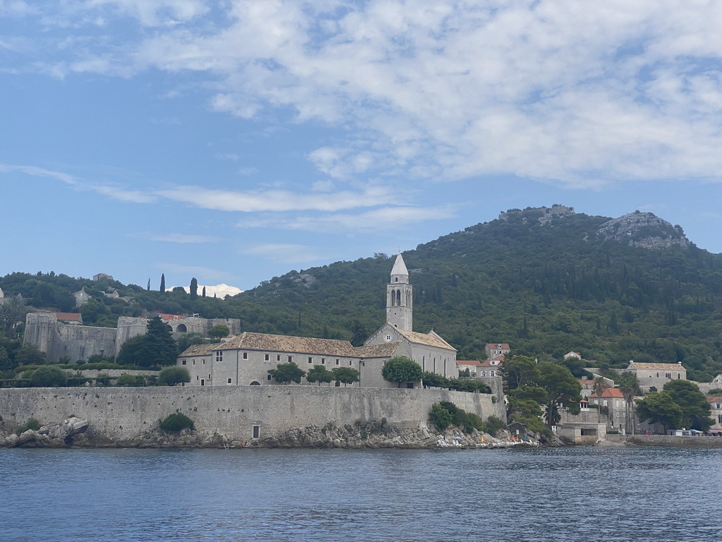 Lopud island with the Church of Sveta Marija od pilice, viewed from the Elaphiti Islands tour boat