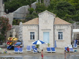 Fish shop and butcher shop at the Plaa Dubrava Pracat beach, viewed from the Elaphiti Islands tour boat