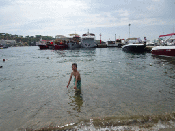 Max at the Plaa Dubrava Pracat beach and boats at the Lopud Harbour