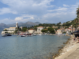 Boats at the Lopud Harbour, the Plaa Dubrava Pracat beach and the Church of Sveta Marija od pilice, viewed from the Obala Iva Kuljevana street