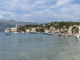 Boats at the Lopud Harbour, the Plaa Dubrava Pracat beach and the Church of Sveta Marija od pilice, viewed from the Plaa Grand beach