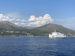 Cruise ship `Jadrolinija Hanibal Lucic` leaving the Gru Port, viewed from the Elaphiti Islands tour boat