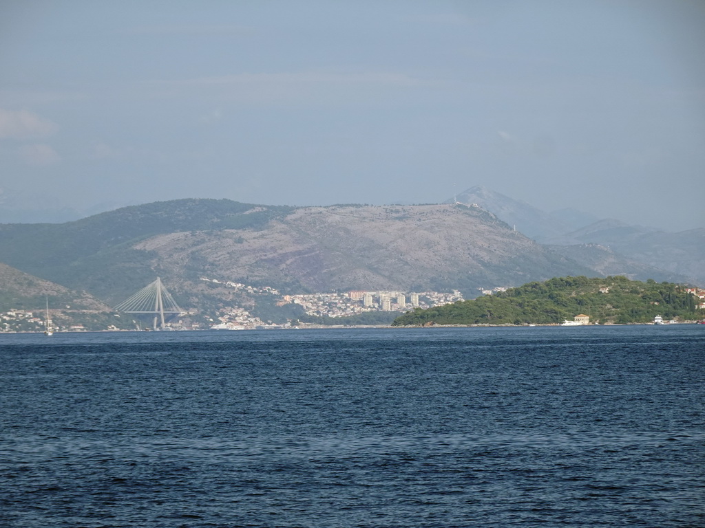 The Gru Port and the Franjo Tudman Bridge over the Rijeka Dubrovacka inlet, viewed from the Elaphiti Islands tour boat