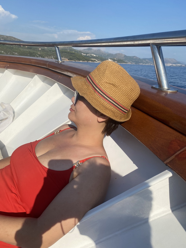 Miaomiao on the deck of the Elaphiti Islands tour boat